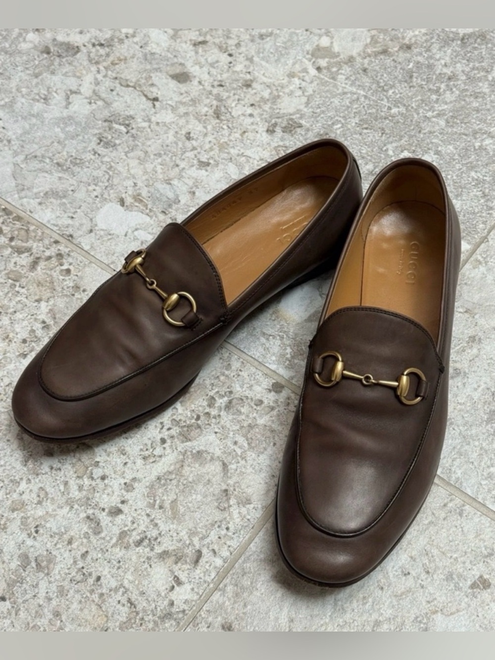 Gucci Jordaan Classic Brown Leather Horsebit Slip-On Loafers - Size: IT 37